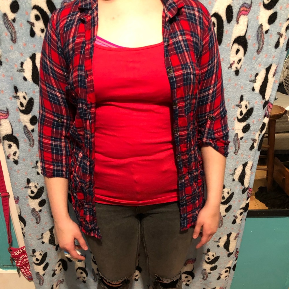 Red button up shirt